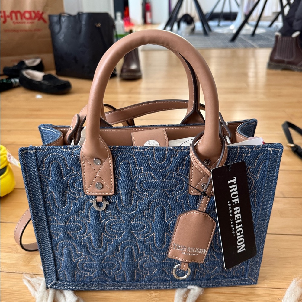 NWT True Religion Quilted Horseshoe Denim Tote Bag - Blue/Tan